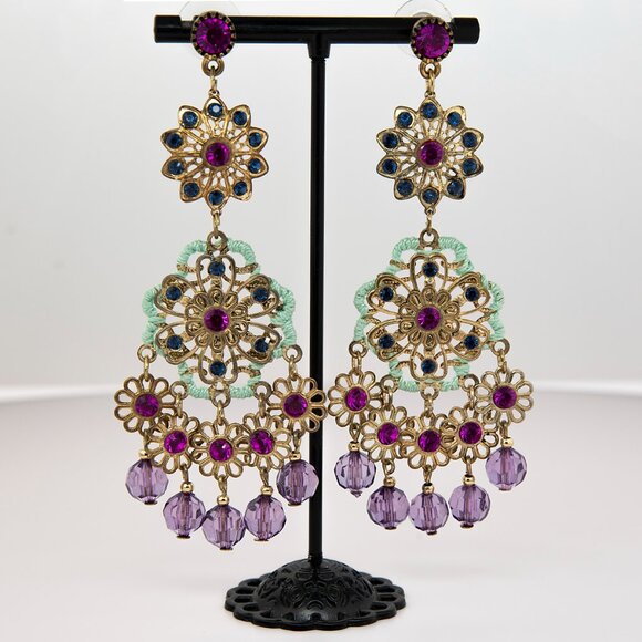 Vintage Bohemian Beaded Dangle Filigree Earrings | Blue Purple Drop Earrings - Picture 1 of 4